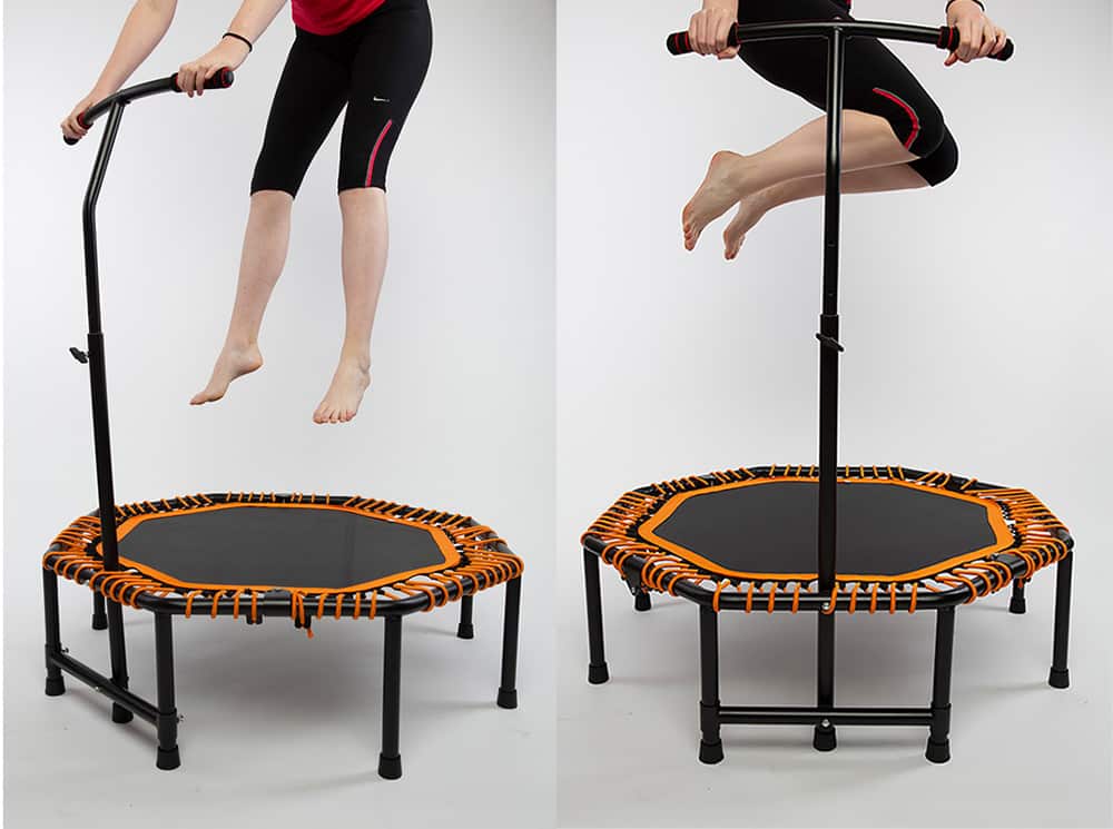 model jumping on trampoline
